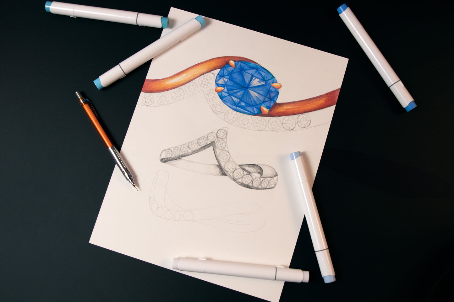 Neeter house jewelry designer hand sketch of new sapphire ring
